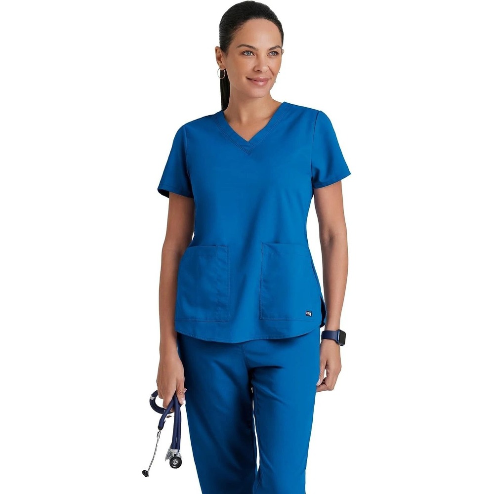 Greys Anatomy by Barco Blue V-Neck Scrub Top Womens Large 2-Pocket RN 50681